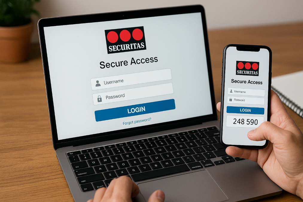 Interface de connexion sécurisée à l'espace Securitas sur ordinateur et mobile, montrant un code de double authentification.