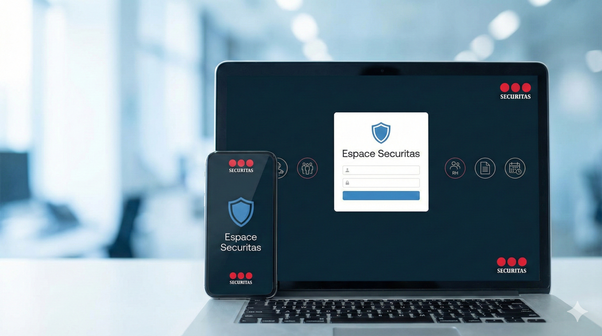 Vue d'ensemble de l'interface Espace Securitas sur ordinateur et mobile présentant les services RH et sécurité.